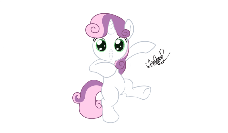 Size: 1200x700 | Tagged: safe, artist:zeronitan, derpibooru import, sweetie belle, pony, unicorn, bipedal, cute, diasweetes, female, filly, looking at you, signature, simple background, smiling, solo, white background
