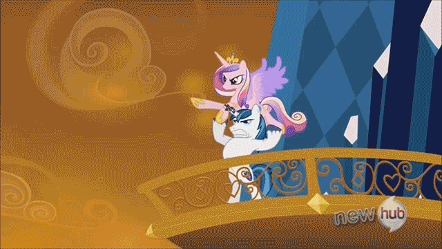 Size: 640x360 | Tagged: all new, animated, derpibooru import, epic wife tossing, fastball special, horn crystals, hub logo, king sombra, princess cadance, safe, screencap, shining armor, spike, text, the crystal empire, throwing