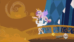Size: 640x360 | Tagged: all new, animated, derpibooru import, epic wife tossing, fastball special, horn crystals, hub logo, king sombra, princess cadance, safe, screencap, shining armor, spike, text, the crystal empire, throwing
