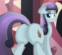 Size: 1209x1087 | Tagged: suggestive, artist:ziemniax, derpibooru import, sapphire joy, crystal pony, pony, the crystal empire, spoiler:s03, featureless crotch, female, looking at you, looking back, plot, solo, solo female