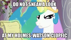 Size: 1280x720 | Tagged: derpibooru import, image macro, princess celestia, safe, sherlock, spoiler:s03