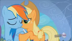 Size: 1280x721 | Tagged: applejack, derpibooru import, out of context, rainbow dash, safe, screencap, the crystal empire