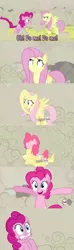 Size: 960x3240 | Tagged: a canterlot wedding, clothes, derpibooru import, doomie, edit, edited screencap, eyeroll, fluttershy, fluttershy suit, hooves out, pinkie pie, pony costume, ponysuit, safe, screencap, shocked, spread hooves, the crystal empire