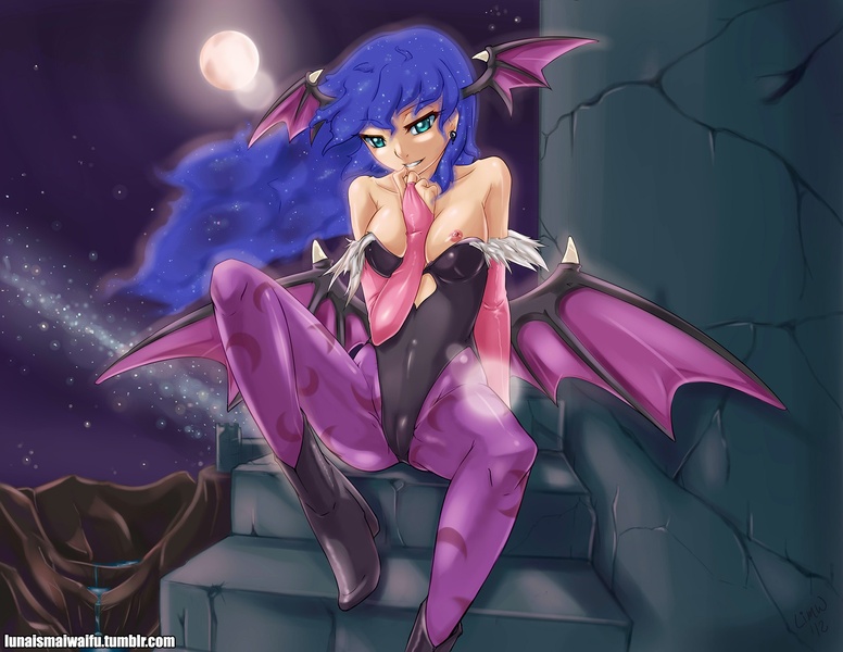 Size: 2033x1571 | Tagged: artist:lunaismaiwaifu, breasts, busty princess luna, cameltoe, clothes, cosplay, darkstalkers, derpibooru import, earring, evening gloves, female, fingerless gloves, gloves, humanized, leotard, morrigan aensland, nipples, nipple slip, nudity, pantyhose, princess luna, questionable, solo, solo female