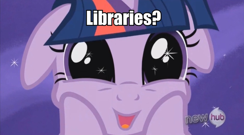 Size: 936x520 | Tagged: safe, derpibooru import, edit, edited screencap, screencap, twilight sparkle, the crystal empire, bookhorse, cute, faic, floppy ears, hub logo, image macro, library, solo, squee, squishy, squishy cheeks, starry eyes, wingding eyes