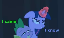 Size: 940x566 | Tagged: suggestive, derpibooru import, edit, edited screencap, screencap, spike, twilight sparkle, the crystal empire, caption, female, i came, image macro, implied orgasm, implied sex, male, out of context, shipping, straight, twispike