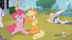 Size: 1280x720 | Tagged: applejack, derpibooru import, fluttershy, hub logo, pinkie pie, rarity, safe, scared, screencap, the crystal empire