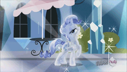 Size: 500x281 | Tagged: safe, derpibooru import, screencap, rarity, crystal pony, pony, the crystal empire, alternate hairstyle, animated, bedroom eyes, crystal hairstyle, crystal rarity, crystallized, gif, hub logo, pose, raised hoof, smiling, solo, sparkles