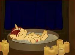 Size: 500x363 | Tagged: safe, artist:bryce-schroeder, derpibooru import, oc, unofficial characters only, pony, unicorn, bath, candle, fire, firebug, on back