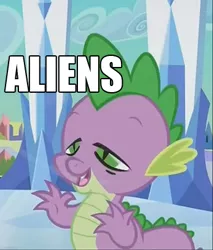 Size: 347x407 | Tagged: alien, ancient aliens, cropped, derpibooru import, edit, edited screencap, giorgio a. tsoukalos, image macro, meme, safe, screencap, solo, spike, the crystal empire