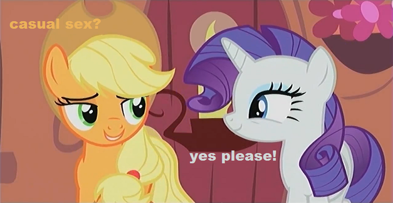 Size: 890x460 | Tagged: suggestive, derpibooru import, edit, edited screencap, screencap, applejack, rarity, earth pony, pony, unicorn, the crystal empire, bedroom eyes, caption, female, implied sex, lesbian, mare, out of context, rarijack