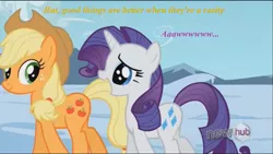 Size: 1437x813 | Tagged: applejack, caption, derpibooru import, edit, edited screencap, hub logo, pun, rarity, safe, screencap, shipping fuel, text, the crystal empire