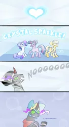 Size: 652x1200 | Tagged: safe, artist:egophiliac, derpibooru import, applejack, king sombra, rarity, twilight sparkle, crystal pony, earth pony, pony, unicorn, the crystal empire, applejack's hat, big no, cowboy hat, crystal empire, crystal heart, crystal rarity, crystal twilight, crystallized, female, hat, mare, missing accessory, teary eyes