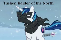 Size: 600x394 | Tagged: derpibooru import, hub logo, safe, screencap, shining armor, snow goggles, star wars, text, the crystal empire