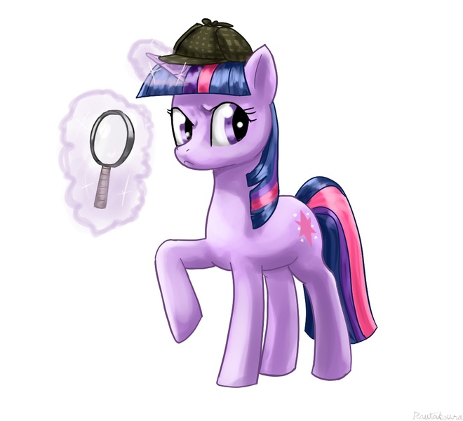 Size: 1100x1000 | Tagged: safe, artist:rautakoura, derpibooru import, twilight sparkle, unicorn, detective, hat, magic, magnifying glass, my little investigations, sherlock holmes, solo, unicorn twilight