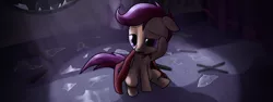 Size: 960x360 | Tagged: artist:rautakoura, cape, clothes, derpibooru import, eyes half closed, filly, glass, lidded eyes, my little investigations, safe, scootaloo, solo