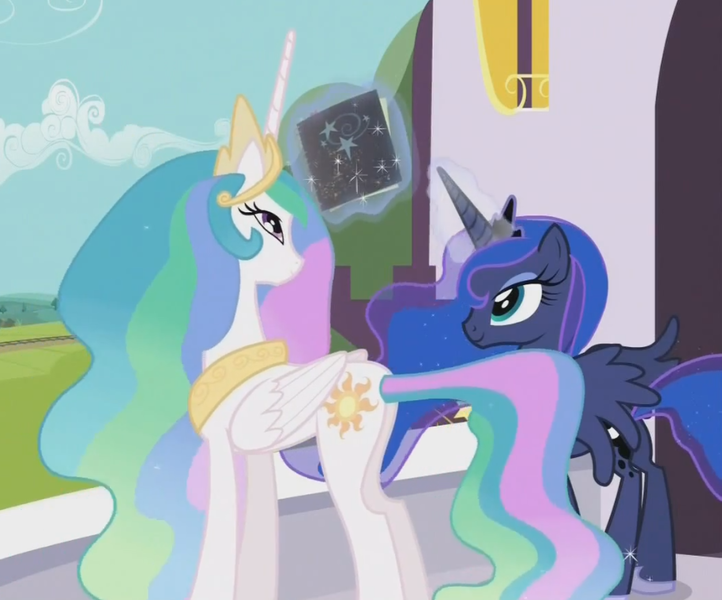 Size: 914x760 | Tagged: safe, derpibooru import, screencap, princess celestia, princess luna, star swirl the bearded, alicorn, pony, the crystal empire, black tome of future plot relevance, cropped, ethereal mane, female, magic, mare, mysterious book, starry mane, telekinesis