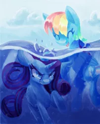 Size: 730x902 | Tagged: safe, artist:paintrolleire, derpibooru import, rainbow dash, rarity, pegasus, pony, unicorn, angry, beach, duo, eyes closed, female, mare, swimming, underwater, water