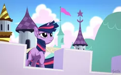 Size: 1680x1050 | Tagged: artist:mysticalpha, banner, battlement, castle, derpibooru import, safe, scene interpretation, solo, spire, the crystal empire, towers, twilight sparkle, wallpaper, windswept mane