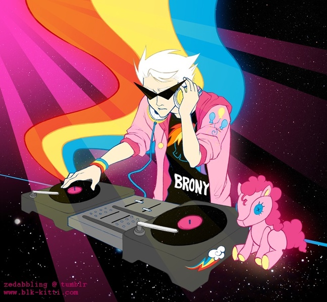 Size: 700x648 | Tagged: artist:blk-kitti, brony, crossover, derpibooru import, dirk strider, headphones, homestuck, human, pinkie pie, plushie, rainbow dash, safe, solo, turntable