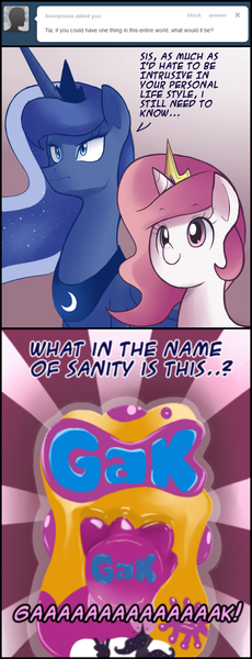 Size: 710x1855 | Tagged: artist:sallymon, ask gamer luna, comic, derpibooru import, filly, gak, princess celestia, princess luna, safe