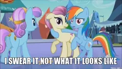 Size: 562x316 | Tagged: safe, derpibooru import, edit, edited screencap, screencap, fleur de verre, rainbow dash, sapphire joy, crystal pony, pony, the crystal empire, hoof around neck, image macro