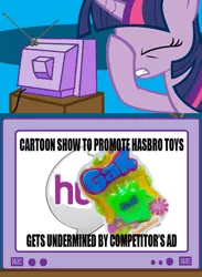 Size: 563x771 | Tagged: safe, derpibooru import, twilight sparkle, pony, exploitable meme, facehoof, gak, hub logo, meme, nickelodeon, the hub, tv meme