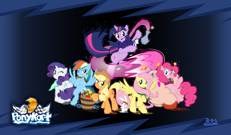 Size: 2183x1276 | Tagged: angel bunny, applejack, artist:blue-paint-sea, derpibooru import, fluttershy, mane six, pinkie pie, ponykart, rainbow dash, rarity, safe, twilight sparkle