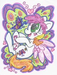 Size: 1280x1668 | Tagged: safe, artist:dolcisprinkles, derpibooru import, honolu-loo, butterfly, g3, g3 to g4, generation leap, heart eyes, solo, traditional art, wingding eyes