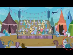 Size: 1024x768 | Tagged: safe, derpibooru import, edit, edited screencap, screencap, amber waves, bright smile, castle (crystal pony), crystal arrow, crystal beau, derpy hooves, dizzy twister, elbow grease, fleur de verre, flounder (character), helia, ivory, ivory rook, oakey doke, orange swirl, paradise (crystal pony), pinkie pie, rainbow dash, sapphire joy, unnamed pony, welch, crystal pony, pony, the crystal empire, background pony, circled, crystal faire, hub logo, hubble, image macro, jester, jousting, meme