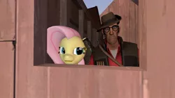 Size: 1366x768 | Tagged: safe, derpibooru import, fluttershy, human, pegasus, pony, crossover, female, friendship is precision, glasses, gmod, gun, hat, mare, optical sight, rifle, sniper, team fortress 2, weapon