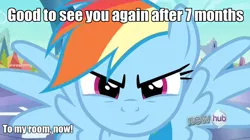 Size: 1200x672 | Tagged: caption, derpibooru import, edit, edited screencap, femdom, hub logo, image macro, imminent rape, looking at you, meme, rainbow dash, screencap, solo, spread wings, suggestive, the crystal empire, wingboner, wings