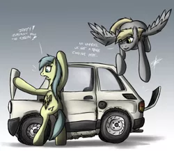 Size: 900x780 | Tagged: safe, artist:slawomiro, derpibooru import, derpy hooves, sunshower raindrops, pegasus, pony, car, female, fiat 126p, mare