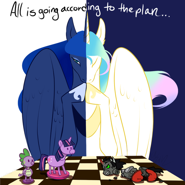 Size: 1203x1200 | Tagged: all according to keikaku, artist:cartoonlion, chess, dead source, derpibooru import, gendo pose, hilarious in hindsight, just as planned, keikaku means plan, king sombra, princess celestia, princess luna, prophet, safe, spike, split screen, twilight sparkle