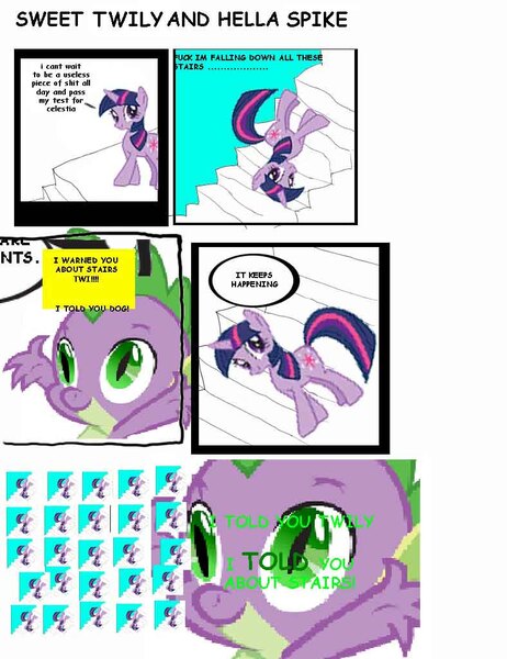 Size: 788x1024 | Tagged: comic sans, derpibooru import, hella jeff, it keeps happening, meme, safe, spike, stairs, sweet bro, sweet bro and hella jeff, twilight sparkle, vulgar