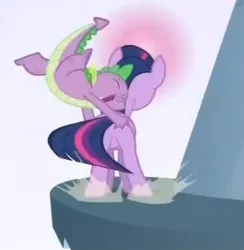 Size: 340x348 | Tagged: safe, derpibooru import, screencap, spike, twilight sparkle, dragon, pony, unicorn, the crystal empire, butt touch, female, hand on butt, male, mare, out of context, plot, stairs, twibutt, unicorn twilight
