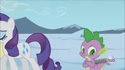 Size: 1280x720 | Tagged: derpibooru import, hub logo, out of context, rarity, safe, screencap, spike, the crystal empire