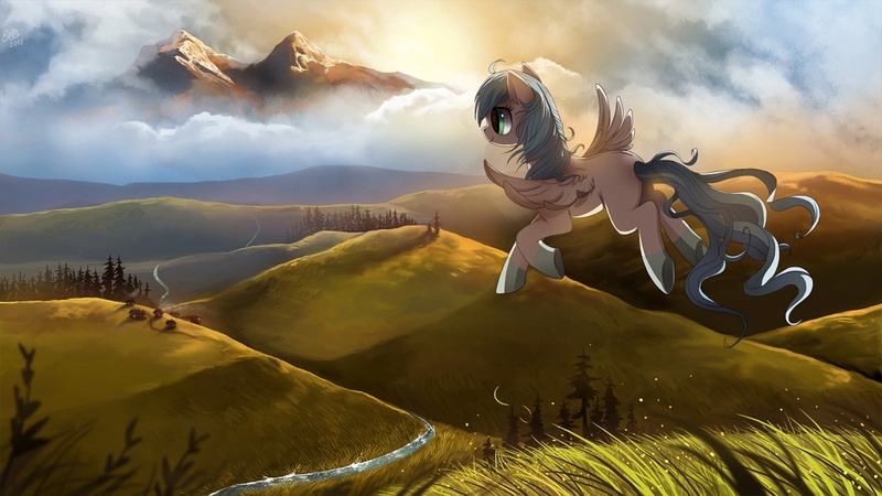 Size: 1123x632 | Tagged: dead source, safe, artist:ruhje, derpibooru import, oc, unofficial characters only, pegasus, pony, blank flank, cloud, female, flying, grass, looking away, mare, mountain, river, scenery, sky, socks (coat marking), solo, stream, tree