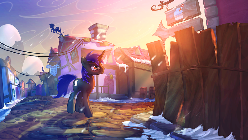 Size: 1250x706 | Tagged: safe, artist:arctic-sekai, artist:vest, derpibooru import, oc, unofficial characters only, unicorn, fanfic, barrel, building, cobblestone street, devon bookmark, door, fanfic art, fence, glasses, mountain, puddle, realistic, reflection, scenery, scenery porn, sign, snow, solo, sun, town, walking, water, wind, window