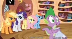 Size: 856x464 | Tagged: applejack, derpibooru import, rarity, safe, screencap, spike, the crystal empire, youtube caption