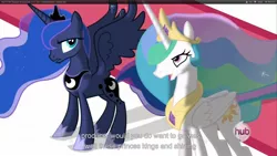 Size: 1920x1080 | Tagged: derpibooru import, princess celestia, princess luna, safe, screencap, the crystal empire, youtube caption