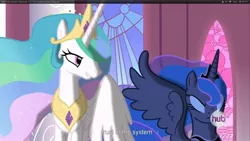 Size: 1920x1080 | Tagged: derpibooru import, hub logo, princess celestia, princess luna, safe, screencap, youtube caption