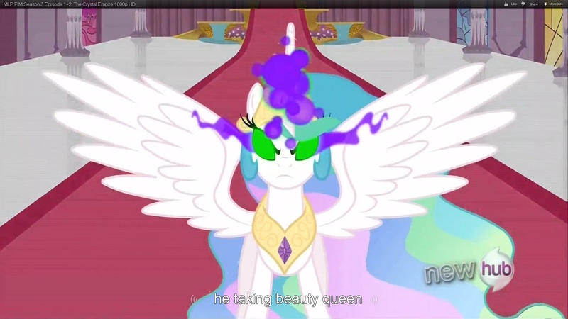 Size: 1920x1080 | Tagged: dark magic, derpibooru import, princess celestia, safe, screencap, sombra eyes, spread wings, wings, youtube caption, youtube link