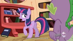 Size: 1920x1080 | Tagged: safe, derpibooru import, edit, edited screencap, screencap, spike, twilight sparkle, dragon, pony, unicorn, the crystal empire, book, butt, caption, female, mare, plot, youtube caption