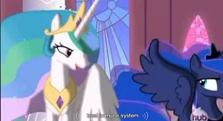 Size: 856x464 | Tagged: derpibooru import, princess celestia, princess luna, safe, screencap, the crystal empire, youtube caption