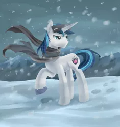 Size: 800x850 | Tagged: artist:aurarrius, clothes, derpibooru import, safe, scarf, shining armor, snow, snow goggles, solo, the crystal empire