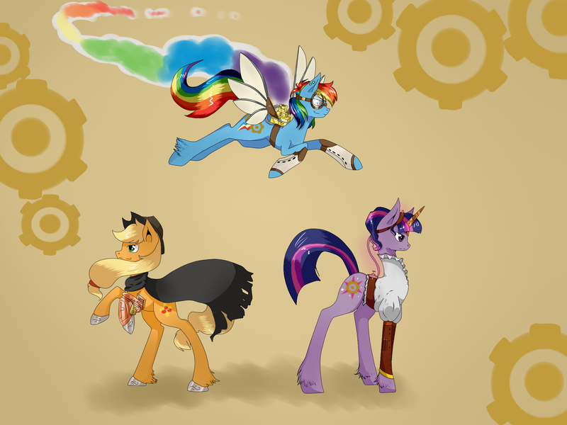 Size: 2000x1500 | Tagged: safe, artist:tomat-in-cup, derpibooru import, applejack, rainbow dash, twilight sparkle, earth pony, pegasus, pony, unicorn, alternate hairstyle, clothes, costume, fashion, female, flying, goggles, hoof shoes, mare, rearing, steampunk, unicorn twilight