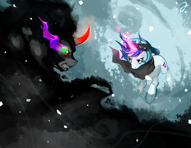 Size: 1024x795 | Tagged: artist:erinliona, derpibooru import, king sombra, safe, scene interpretation, shining armor, snow, snowfall, snow goggles, umbrum