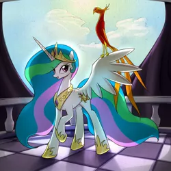 Size: 1200x1200 | Tagged: artist:fajeh, balcony, cute, cutelestia, derpibooru import, philomena, phoenix, princess celestia, safe