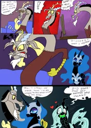 Size: 848x1200 | Tagged: artist:jokerpony, behind the scenes, chrysombra, comic, derpibooru import, discord, female, heart, king sombra, male, nightmare moon, queen chrysalis, safe, shipping, straight